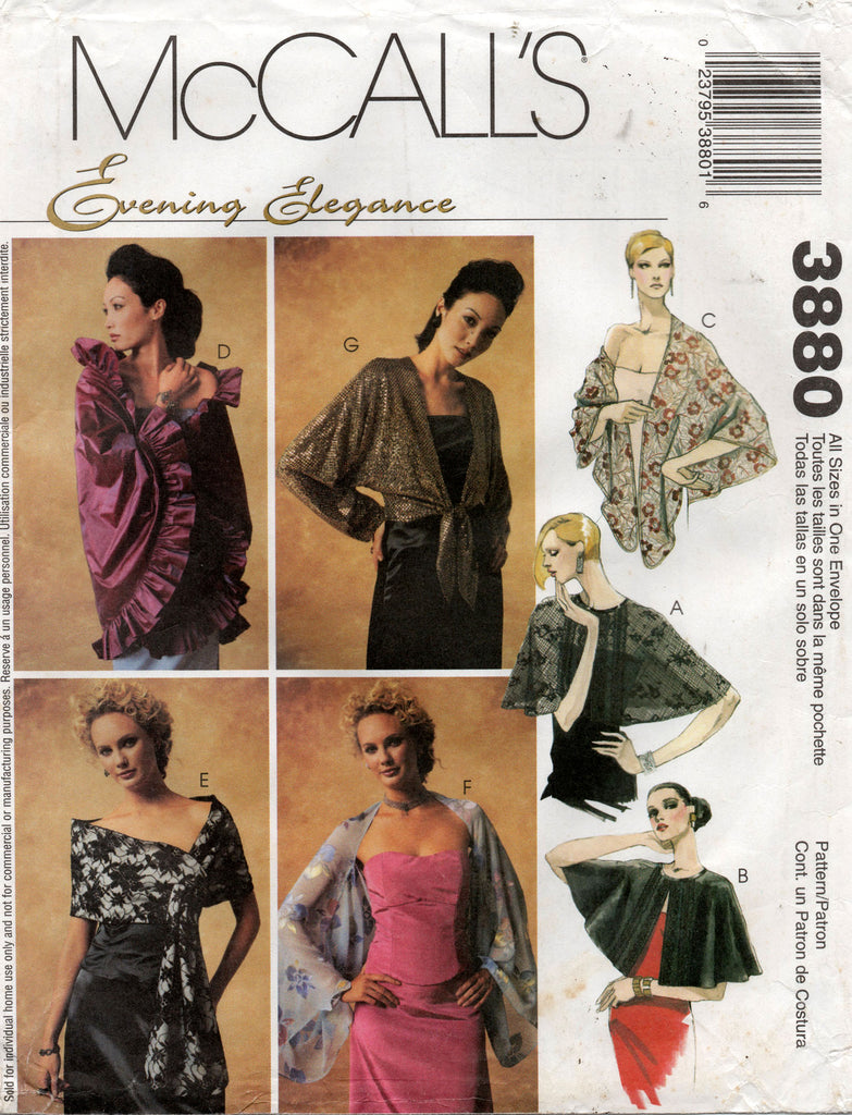 McCall's 3880 Womens Evening Shrugs \u0026 Wraps Out Of Print Sewing Patter